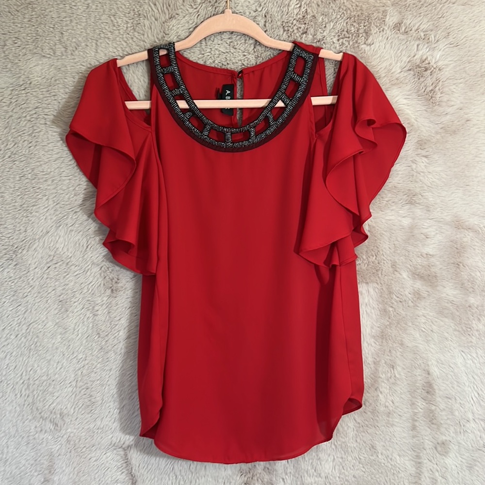 Red Flowy Cut Shoulder Blouse